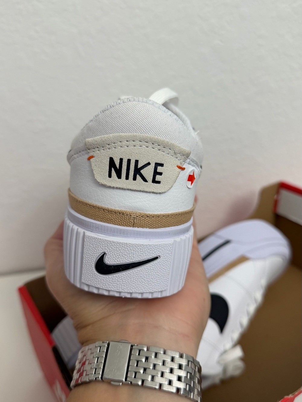 Nike Women’s White/Black/Hemp-Team Orange Tan Platform-Style Sneakers. - Picture 4 of 10